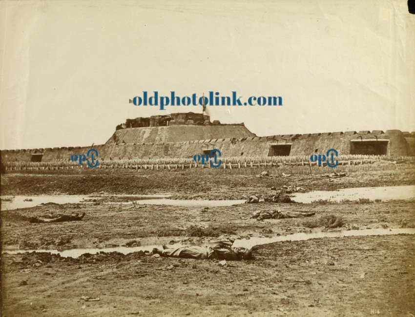 Rear of the North Fort after its capture, showing the Retreat of the Chinese Army 1860