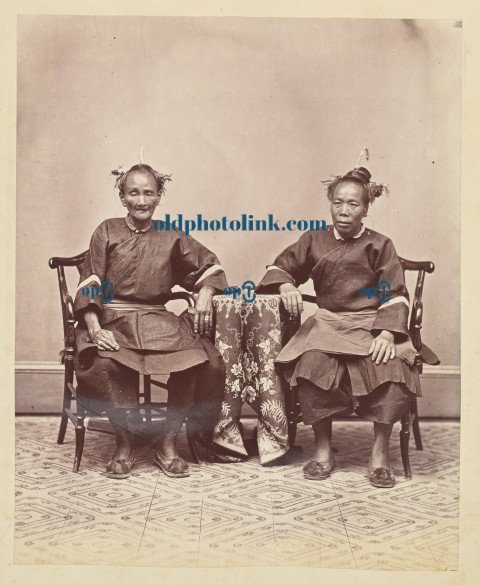 portrait of two seated field Foochow women, Hong Kong, China, 1874